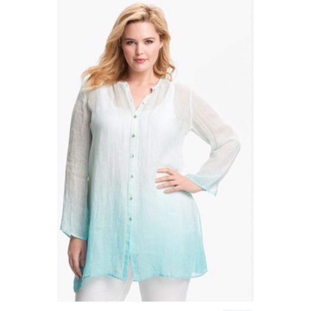 Eileen Fisher Women 100% Linen Tunic Top M White Blue Ombre Button Up Lagenlook
